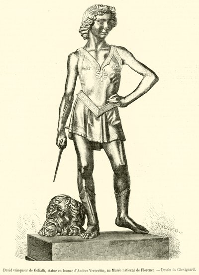 David erövrar Goliat, bronsstaty av Andrea Verocchio, på Florens nationalmuseum (gravyr) av French School