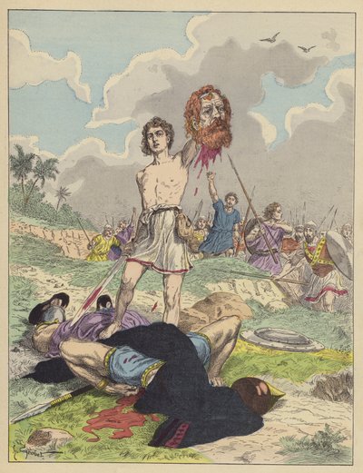 David med Goliats huvud (färg litho) av French School