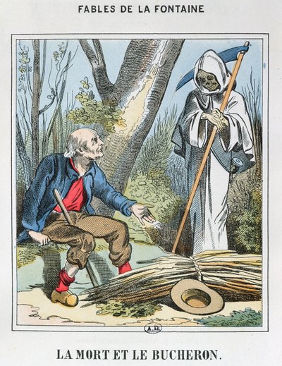 Death and the Woodman (färgad gravyr) av French School