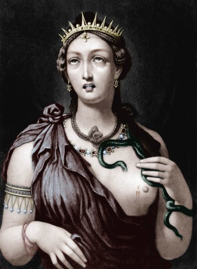 Död av Cleopatra VII, makedonsk drottning av Egypten (färgad gravyr) av French School