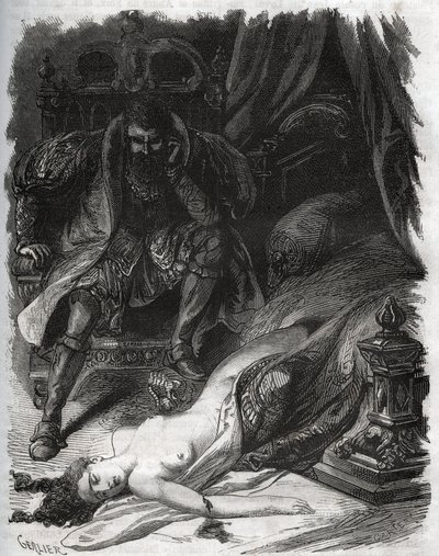 Död av Francoise de Foix, grevinna av Chateaubriant (ca 1495-1537), mördad av sin man Jean de Laval Comte de Chateaubriant (Laval-Chateaubriant) (1486-1543), som därmed tog hämnd på sin hustrus otrogna. Gravyr från 1871 i ”Histoire Des av French School