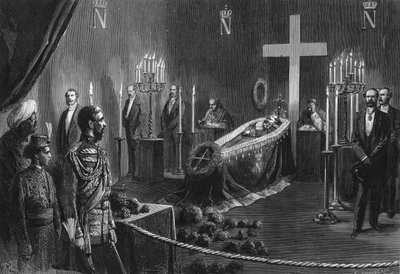 Napoleon III:s död: kvarlevorna av Napoleon III i det brinnande kapellet i Camden House den 14 februari 1873. av French School