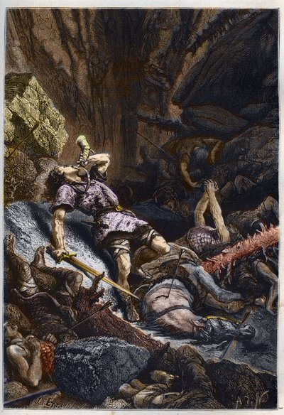 Riddaren Rolands död, brorson till Karl den store, i slaget vid Roncevaux (778) mot Karl den stores armé och saracenerna - Rolands död i slaget vid Roncesvauxpasset, 778 - gravyr från "" L