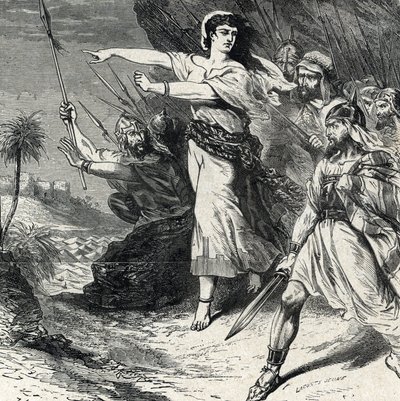Debora leder Israels folk som förtryckts av Jabin, Kanaans kung, att slåss. Gravyr från "Helig historia" av Lahure 1800-tals privatsamling av French School