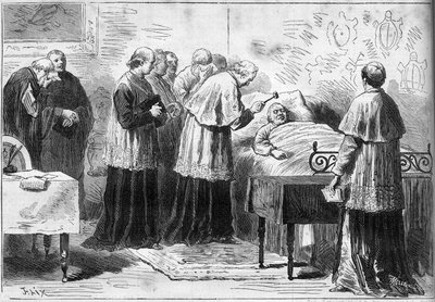 Deces of Pope Pius IX (Pio) (1792-1878): ritual för erkännande av påvens död. En kardinal slår den avlidnes panna med en silverhammare. Gravyr i "" Le Monde Illustré"" nr 1089 av 16 februari 1878. av French School