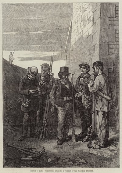 Defense of Paris, volontärer som vaktar en affisch av den befästa enceinte (gravyr) av French School