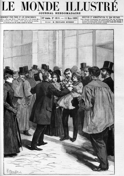 Demonstration för att hedra general Boulanger på Clermont Ferrand station (Clermont-Ferrand), i "The Illustrious World" 1888. av French School