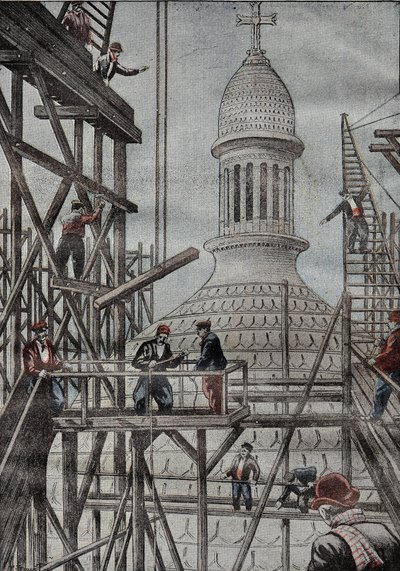 Demonstration av byggnadsställningar som avslöjar slutet på byggandet av kupolen i basilikan i Montmartre. Gravyr i "" Le Pelerin"" 1899-12-17. av French School