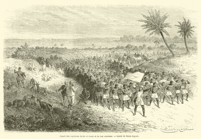 Kaptenerna Speke och Grant och deras karavan avgår (gravyr) av French School