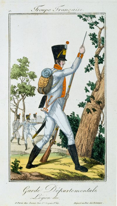 Avdelningsvakt, från Troupes Francaises, pub. i Basset, Paris, ca 1790 av French School