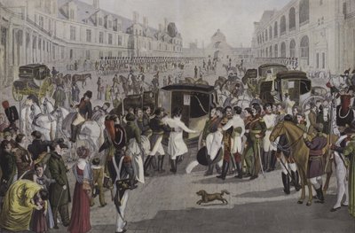 Napoleons avgång från Fontainebleau, 20 april 1814 av French School