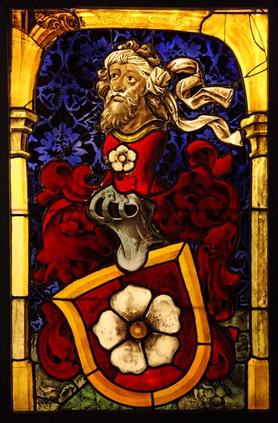 Föreställer familjen Mullenheims vapen, ca 1467. ex verkstad av Peter Hemel; Alsace av French School