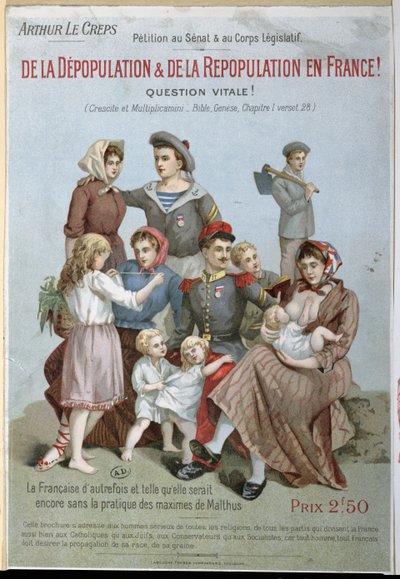 Avfolkning och återbefolkning i Frankrike, häfte av Arthur Le Creps mot malthusianism, 1895 (färgstick) av French School
