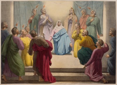 Descent of the Holy Spirit, illustration från en katekes LHistoire Sainte, publicerad av Charles Delagrave, Paris, sent 1800-tal av French School