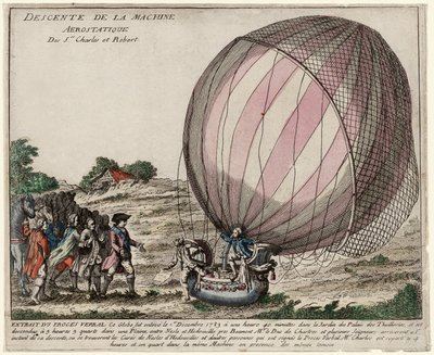 Nedstigning av Aerostatic Machine of Srs. Charles och Robert, pub. 1783 (handfärgad gravyr) av French School