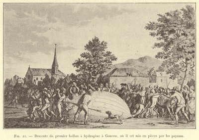 Nedstigning från den första väteballongen till Gonesse, där den slits i bitar av bönderna (gravyr) av French School