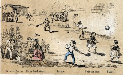 Beskrivning av barns fritid och spel: boll- och bollspel (boll mot väggen, palmspel) och trädgårdsarbete. Tavla "" les jeux de l