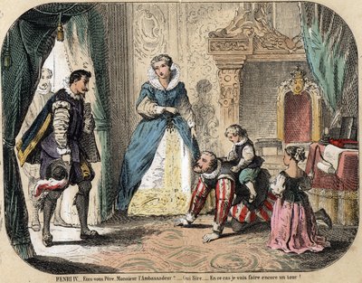 Beskrivning av barns fritid och lek: Kungen av Frankrike Henrik IV (1553-1610) leker med sina barn (troligen Ludvig XIII och Elisabeth av Frankrike) framför den spanska ambassadören. Drottning Mary av Medicis är närvarande. Tallrik "" les jeux de l