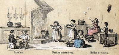 Beskrivning av barns fritid och lek: lekar inomhus, osselets, små flickor som leker kockar och såpbubblor. Tallrik "" les jeux de l