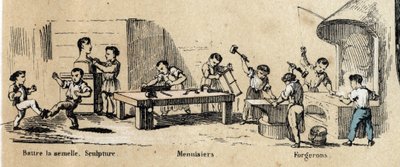 Beskrivning av barns fritid och lek: lärande vuxenmetier (skulptör, smed och snickare) av små pojkar. Tavla "" les jeux de l