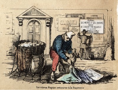 Beskrivning av de olika produkterna och användningen av papper: gammalt papper plockas upp för att bli trasa igen. Tavla "" Le papier et ses produits"" i "" les Recreations instructives"" Synoptisk målning av Jules Delbruck, gravyr från 1860. Privat samlin av French School