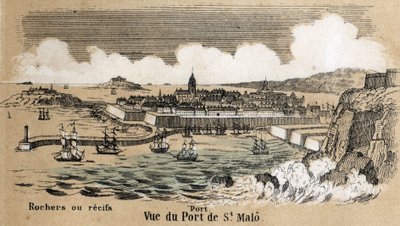 Beskrivning av de olika typerna av landskap och reliefer enligt geografi: detalj som visar hamnen i Saint Malo (Saint-Malo) i Bretagne. Tavla "" Physical Geography"" i "" les Recreations instructives"" Synoptisk målning av Jules DELBRUCK, e av French School