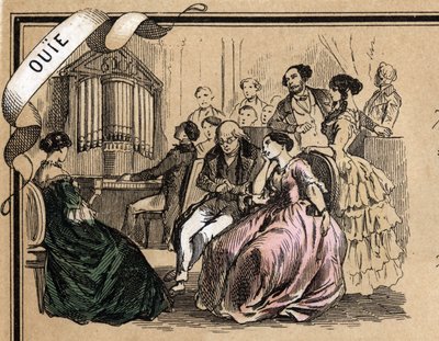 Beskrivning av de fem sinnena: detalj av hörseln, en musikkonsert under en social kväll. Tavla "" Les cinq sens"" i "" les Recreations instructives"" Synoptisk målning av Jules Delbruck, gravyr från 1860. Privat samling. av French School