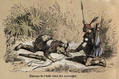Beskrivning av de fem sinnena: detaljer i hörseln, hörseln verkar mer utvecklad och fin hos ursprungsbefolkningen. Tallrik "" Les cinq sens"" i "" les Recreations instructives"" Synoptikmålning av Jules Delbruck, gravyr från 1860. Privat samling av French School