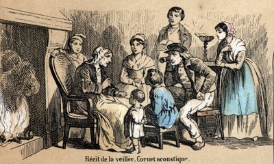 Beskrivning av de fem sinnena: detaljer om hörseln, reciteringar under natten i stugorna, en gammal man använder en akustisk kon. Tavla "" Les cinq sens"" i "" les Recreations instructives"" Synoptisk målning av Jules Delbruck, gravyr från 1860. av French School