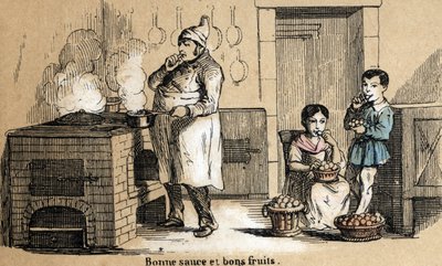 Beskrivning av de fem sinnena: detalj i smaken, en kock njuter av sin sås och barn knastrar i frukt. Tavla "" Les cinq sens"" i "" les Recreations instructives"" Synoptisk målning av Jules Delbruck, gravyr från 1860. Privat samling. av French School