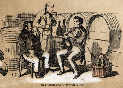 Beskrivning av de fem sinnena: detaljer i smaken, smakerna av fina viner vid utvecklandet av gommen njuter av glas i en källare. Tallrik "" Les cinq sens"" i "" les Recreations instructives"" Synoptikmålning av Jules Delbruck, gravyr från 1860. Pri av French School