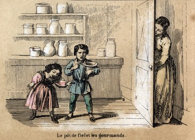 Beskrivning av de fem sinnena: detalj i smaken, två giriga barn fångade av sin mamma som gömmer en gryta med bitter smak bland de andra sockerburkarna. Tallrik "" Les cinq sens"" i "" les Recreations instructives"" Synoptikmålning av Jules Delbru av French School