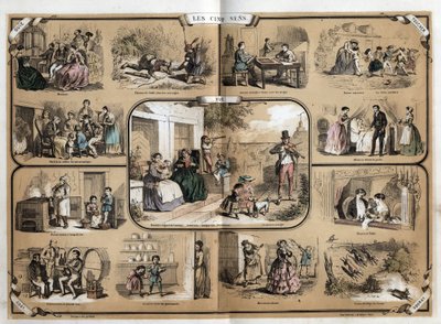 Beskrivning av de fem sinnena: syn, från vänster till höger och uppifrån och ned, hörsel, känsel, lukt och smak. Tavla "" Les cinq sens"" i "" les Recreations instructives"" Synoptisk målning av Jules Delbruck, gravyr från 1860. Privat samling. av French School