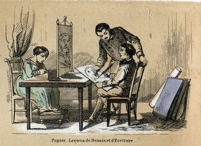 Beskrivning av de olika produkterna och användningarna av papper: en rit- och skrivbana. Tavla "" Le papier et ses produits"" i "" les Recreations instructives"" Synoptisk målning av Jules Delbruck, gravyr från 1860. Privat samling. av French School