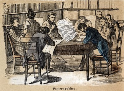 Beskrivning av pappers olika produkter och användningsområden: läsa offentliga tidningar (tidningar). Tavla "" Le papier et ses produits"" i "" les Recreations instructives"" Synoptisk målning av Jules Delbruck, gravyr från 1860. Privat samling. av French School