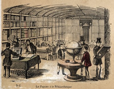 Beskrivning av de olika produkterna och användningarna av papper: vy av ett bibliotek som innehåller pappersverk. Tavla "" Le papier et ses produits"" i "" les Recreations instructives"" Synoptisk målning av Jules Delbruck, gravyr från 1860. Privat samling av French School