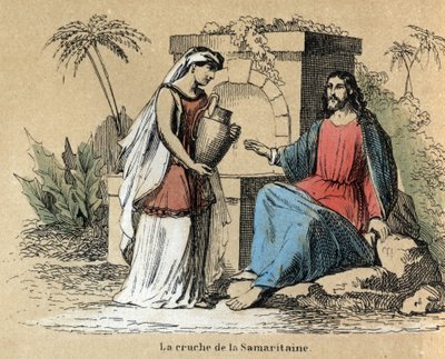 Beskrivning av de olika stadierna av tillverkning och användning av lera: Jesus och samariten bär en lerkanna i Bibeln. Tallrik "" Leran och dess produkter"" i "" Les Recreations instructives"" Synoptisk målning av Jules DELBRUCK, gravyr från 1860. Privat av French School