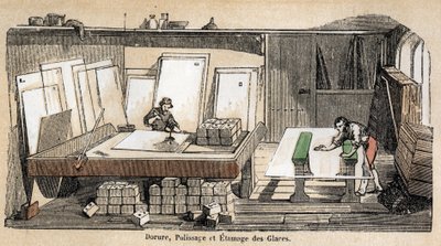 Beskrivning av glasets olika tillverknings- och användningsstadier: en verkstad för förgyllning, polering och stansning av glas. Tallrik "" Glas och dess produkter"" i "" Les Recreations instructives"" Synoptisk målning av Jules DELBRUCK, gravyr från 1860. av French School