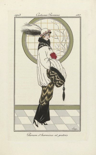 Design för Hermelin- och Iltisensemble, från Costumes Parisien, utg. 1913 (pochoirtryck) av French School
