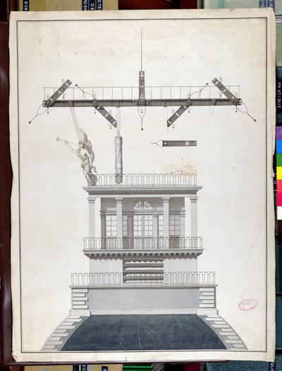 Design för en Chappe-telegrafstation för en av Louvrens kupoler, Paris, tidigt 1800-tal (penna & bläck och wc på papper) av French School