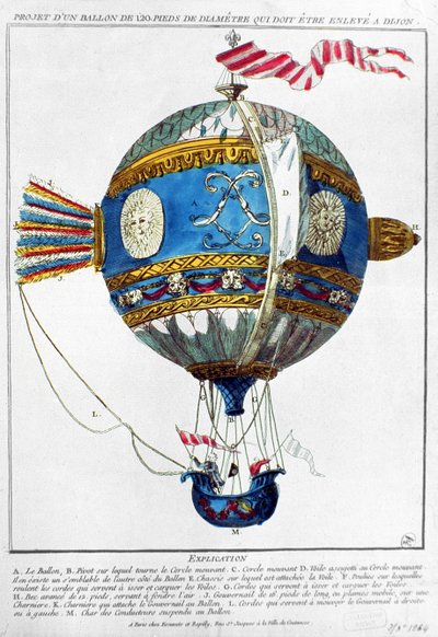 Design för en luftballong med en diameter på 120 fot för att lyfta i Dijon, ca 1784 (färggravyr) av French School
