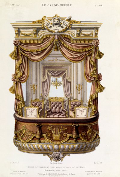 Design för interiör och exteriör av en teaterlåda, illustration från Le Garde-Meuble magazine, ca 1860 av French School