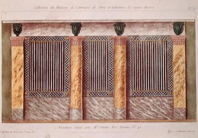 Design för fasaden på en slaktare, från en serie som visar de bäst dekorerade kommersiella byggnaderna i Paris, ca 1810 (färg litho) av French School