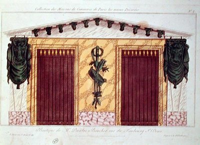 Design för fasaden till en slakteri, från en serie som visar de bäst dekorerade affärsbyggnaderna i Paris, ca 1810 (färglitografi) av French School