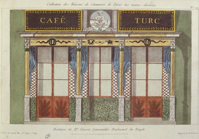 Design för fasaden på Cafe Turc, från en serie som visar de bäst dekorerade kommersiella byggnaderna i Paris, ca 1810 av French School