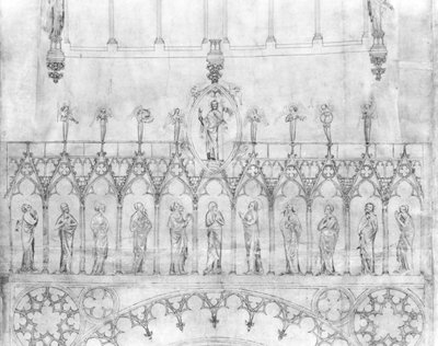 Design för kungagalleriet på fasaden av Strasbourgs katedral, ca 1380 (penna & bläck & gouache på papper) (detalj) (se 207686) av French School
