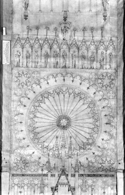 Design för rosenfönstret och kungargalleriet på fasaden av Strasbourgs katedral, ca 1380 (penna & bläck & gouache på papper) (se detalj 207685) av French School
