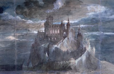 Design för scenridån för en föreställning av Hamlet på Comedie Francaise, 1884 (penna & bläck och wc på papper) av French School