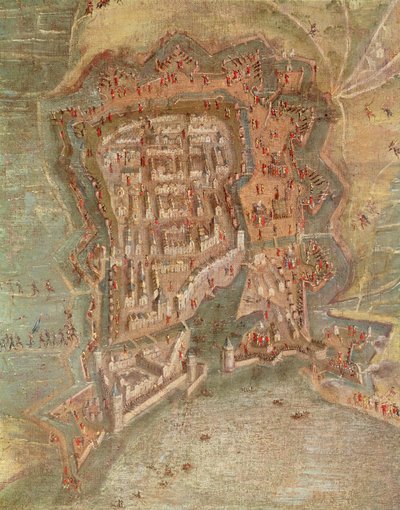 Detalj - Belägringen av La Rochelle av trupper av kardinal Richelieu 1627-68 (olja på duk) av French School