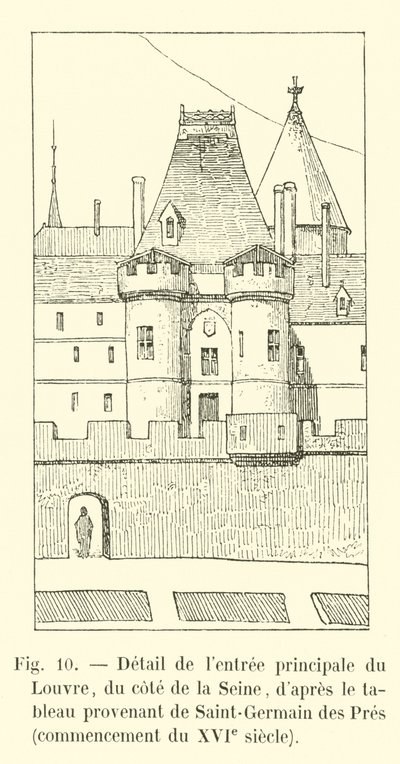 Detalj av huvudentrén till Louvren, från sidan av Seine, efter målningen från Saint-Germain des Pres, början av 1500-talet av French School